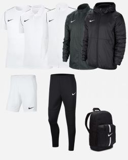 Set Nike Park 20 per Bambini. Camicia + pantaloncini + polo + giacca a vento + tuta + giacca + zaino. Confezione da 8 pezzi