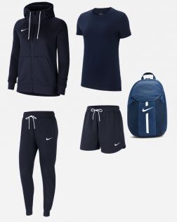 Ensemble Nike Team Club 20 pour Femme. Sweat à capuche zippé + Bas de jogging + Tee-shirt + Short + Sac à dos. Pack 5 pièces